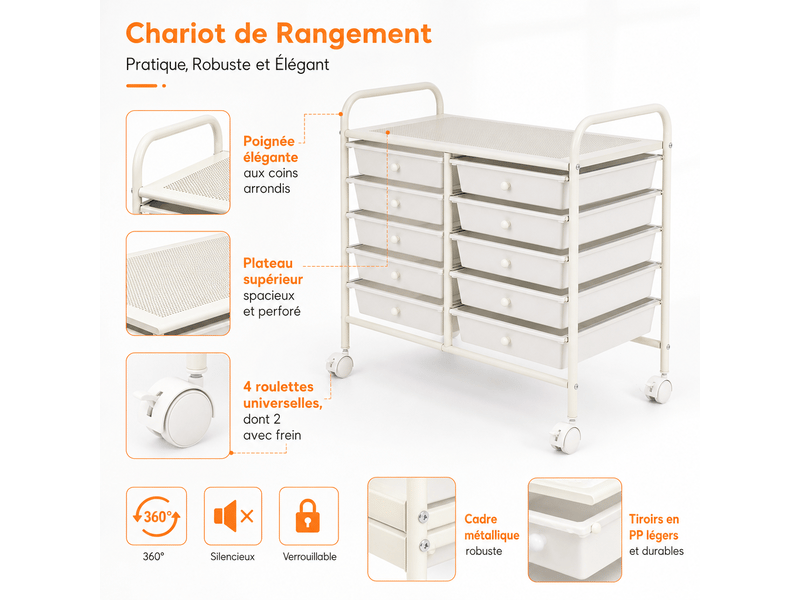  Chariot de rangement 15 tiroirs roulettes utilitaire polyvalent blanc  - Conforama D