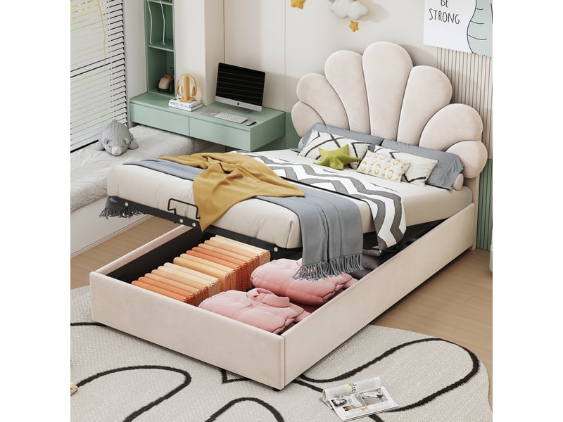  Lit coffre enfant 90x200 cm, espace de rangement, tête de lit réglable, sommier, velours beige, sans matelas  - Conforama W
