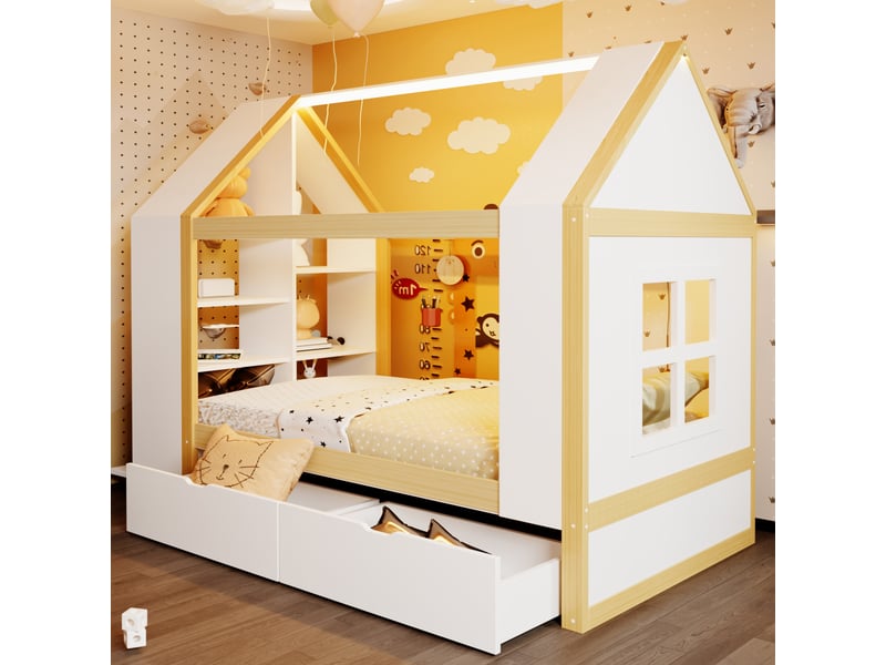  Lit cabane 90x200 cm, lit enfant, 2 tiroirs, led, bois naturel et blanc, forme maison  - Conforama A