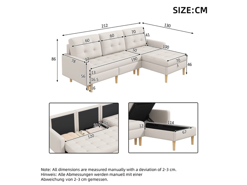 Canapé d'angle beige 3 places, canapé en l avec méridienne réversible et double rangement, 212 x 130 x 86 cm - Conforama B