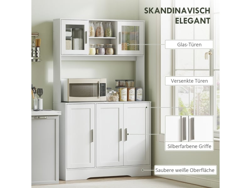 Vaisselier scandinave blanc, buffet de cuisine haut avec portes vitrées, meuble de rangement micro-ondes, étagères réglables, 108x35x180 cm - Conforama W