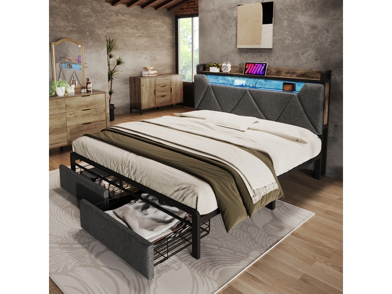  Lit rembourré tcqpz 140 x 200 cm avec tête de lit de rangement, led, usb type-c et tiroirs gris  - Conforama E