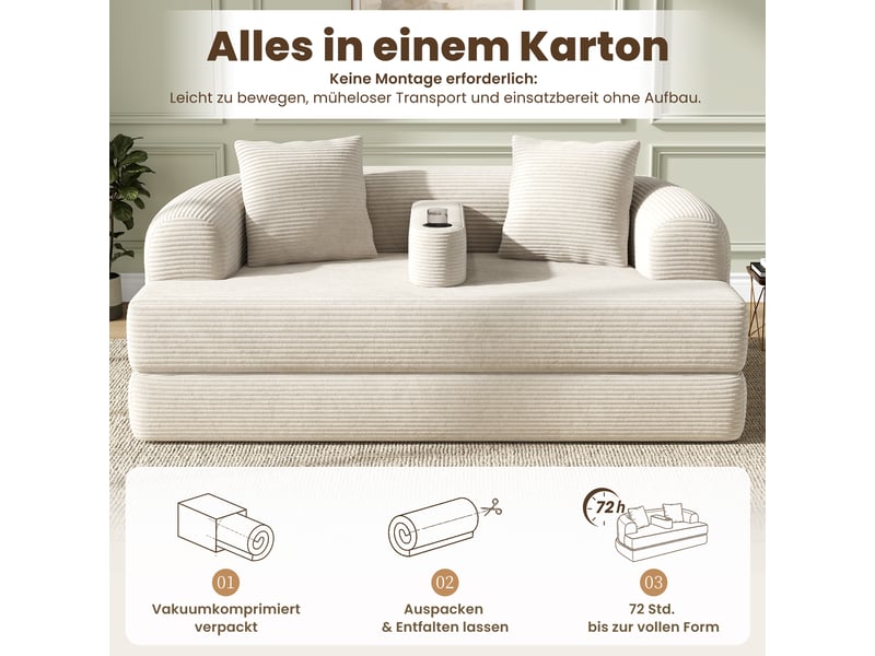  Canapé convertible 2 places en velours côtelé beige clair, 176 x 184 x 47 cm, porte-gobelets, sans montage, livré compressé, coussins inclus CARDUME ESTIVAL - Conforama E
