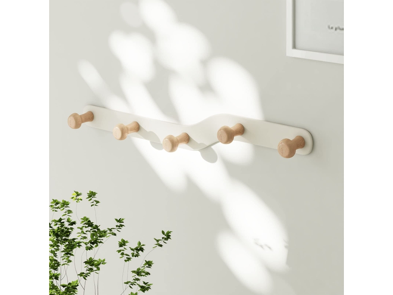  Patère murale en bois 5 crochets, double installation pour manteaux, clés, chapeaux, sacs, serviettes - entrée, chambre, salon, blanc  - Conforama A
