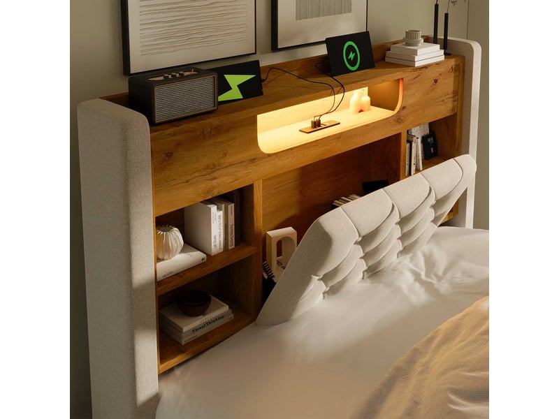  Lit coffre 90x200cm, led, usbtype-c, tête de lit avec étagère, sommier, lin beige, sans matelas C-DEGAYUN - Conforama E