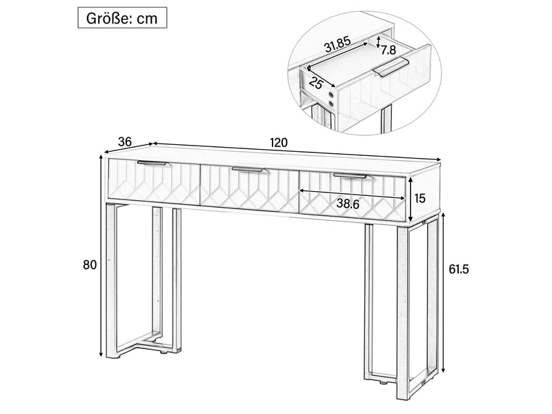  Console avec tiroirs, pieds réglables et cadre doré, motifs géométriques, pour entrée, salon ou bureau, blanc et noir  - Conforama E