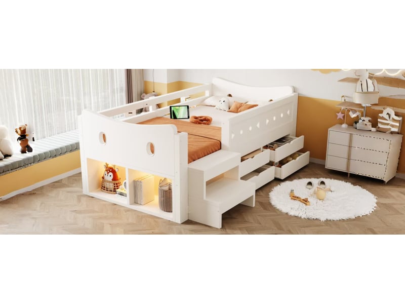 Lit enfant 90x200 cm blanc bois avec tête de lit unique rangements tiroirs barrière de sécurité led ports usb et type c Sol Morn - Conforama E