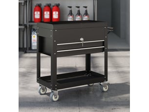 Servante d'atelier à roulettes 130 x 38 x 80 cm noire en acier, 2 tiroirs verrouillables, plan de travail extensible