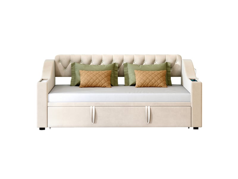  Lit adulte 90180x190cm,lit gigogne,canapé-lit en velours avec prise usb et poches,beige lit adulte beige - Conforama A