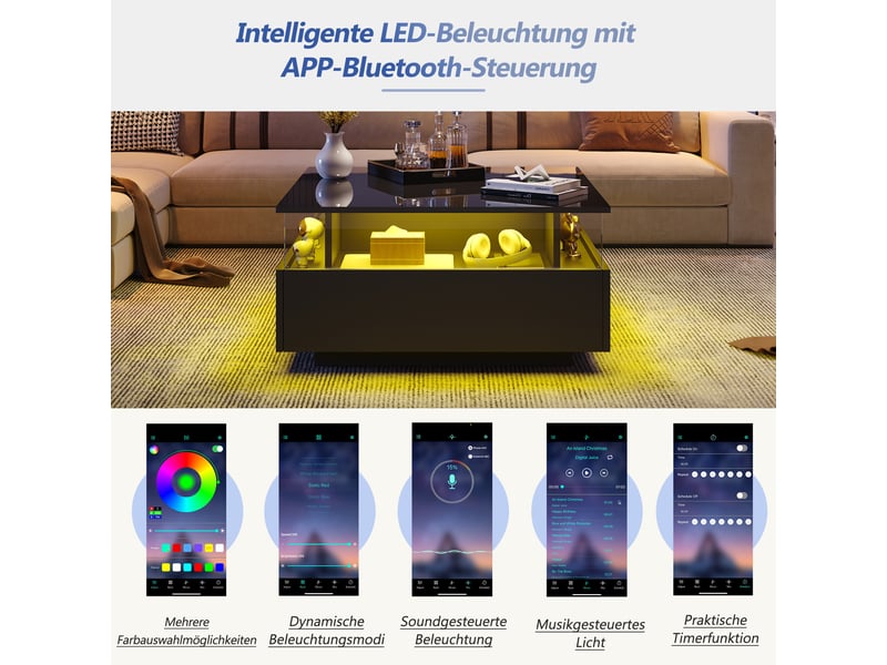  Table basse brillant carrée en panneaux de particules avec lumière led,2 tiroirs et espace de présentation transparent,noir table basse noir - Conforama D