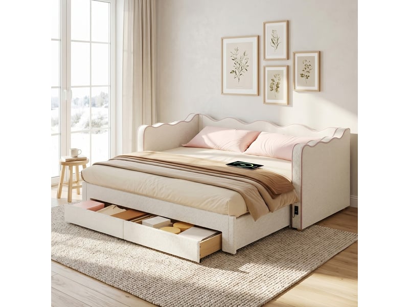  Lit banquette 90x200 cm extensible 180 cm avec tiroirs de rangement usb bouclé beige  - Conforama B
