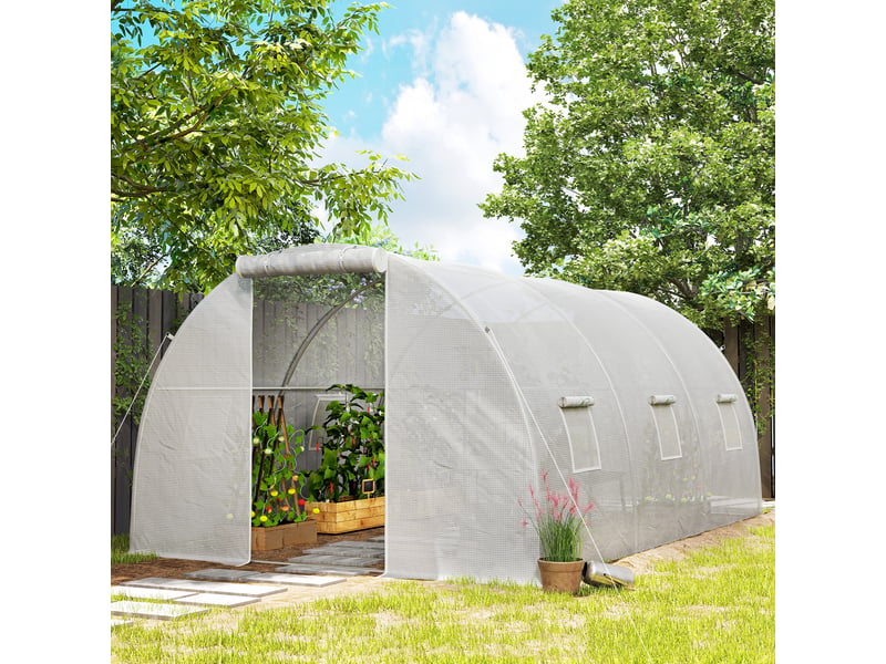  Serre de jardin tunnel 13,5 m² 6 fenêtres, porte zippée enroulable châssis acier galvanisé, bâche pe 4,5 x 3 x 2 m blanc  - Conforama C