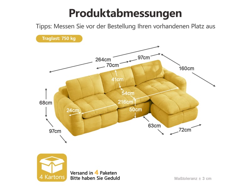  Canapé 3 places - 264 x 160 x 68 cm - canapé modulable en l en chenille avec 1 pouf amovible et coussins - jaune  - Conforama E