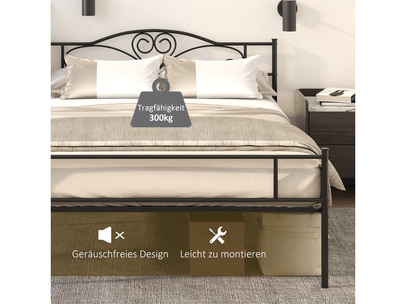  Lit double en métal avec tête de lit, cadre de lit métal 140x200, noir mat 300 kg  - Conforama W