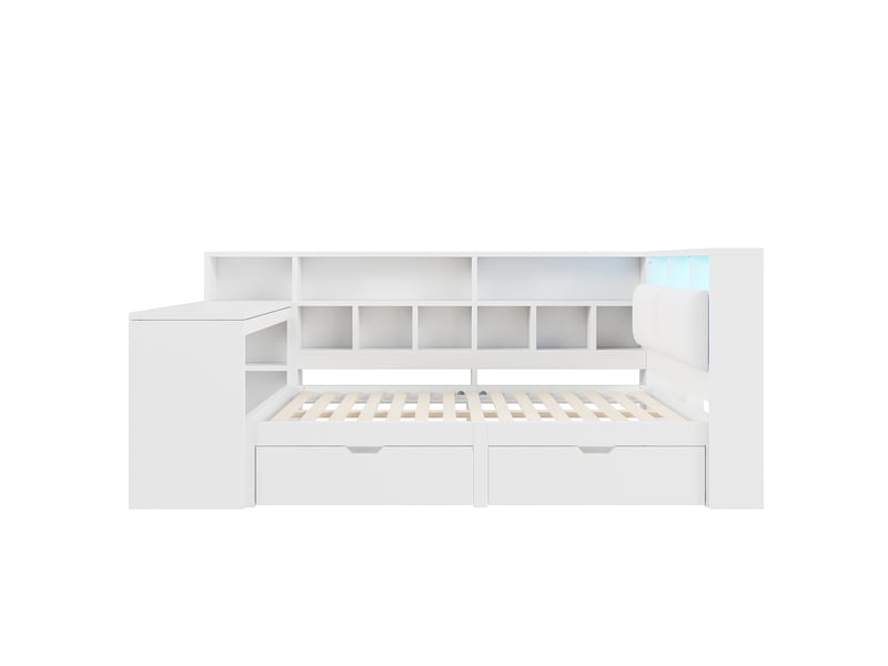 Lit enfant en l 140x200 cm avec bureau, tiroirs et led, mdf et lin, blanc, sans matelas - Conforama E