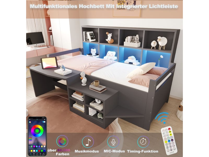  Lit ado 90 x 200 cm bureau intégré prises intégrées éclairage led compartiments à plusieurs niveaux bois massif gris lit simple  - Conforama E