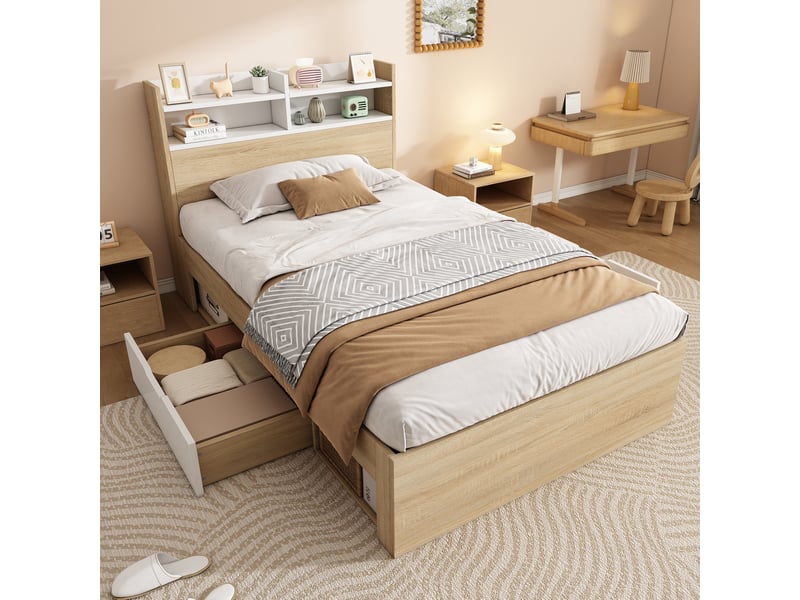  Lit simple 90x190 cm avec tête de lit, 2 tiroirs et rangements ouverts, bois, blanc et chêne, sans matelas  - Conforama B