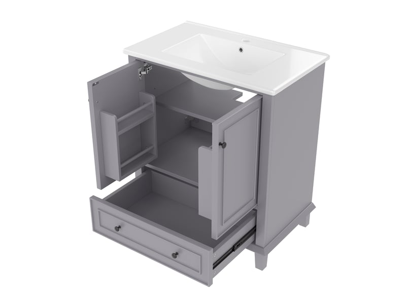  Meuble vasque gris 76 cm avec lavabo céramique intégré et pieds bois massif  - Conforama E