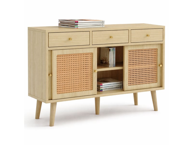  Buffet bas à portes coulissantes – 3 tiroirs, façades en cannage, chêne clair – 120 x 40 x 78 cm  - Conforama A