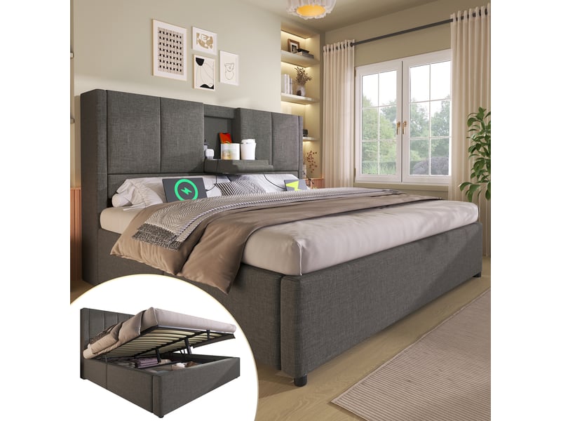 Lit coffre rembourré 140 x 200 cm, rangement hydraulique, porte-gobelet caché, station de recharge, sommier à lattes, lin, gris Bliss Lite - Conforama B