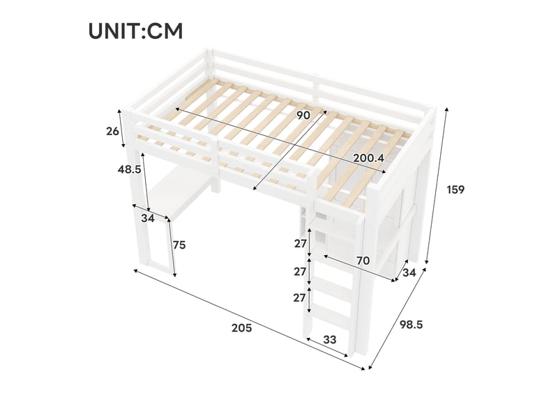  Lit mezzanine 90x200 cm, lit simple avec bureau, armoire, led et usb blanc, sans matelas  - Conforama C
