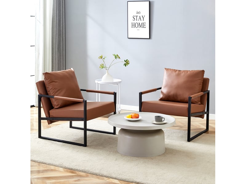 Fauteuil de lecture avec accoudoirs et coussins rembourrés, structure en métal et similicuir marron - Conforama C