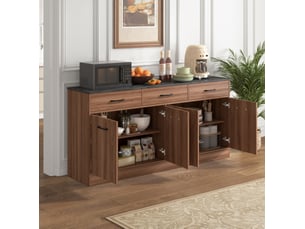 Buffet de cuisine 160x37x76,5 cm – noyer – 3 tiroirs et étagères réglables, plan de travail décor béton