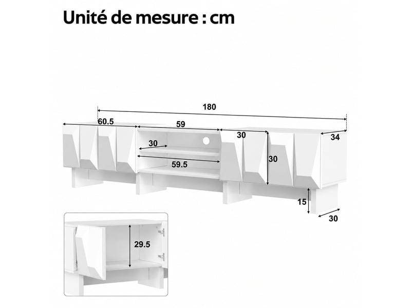  Ensemble meuble tv et table basse 3 pièces blanc, façades 3d, meuble tv 180 cm  - Conforama C