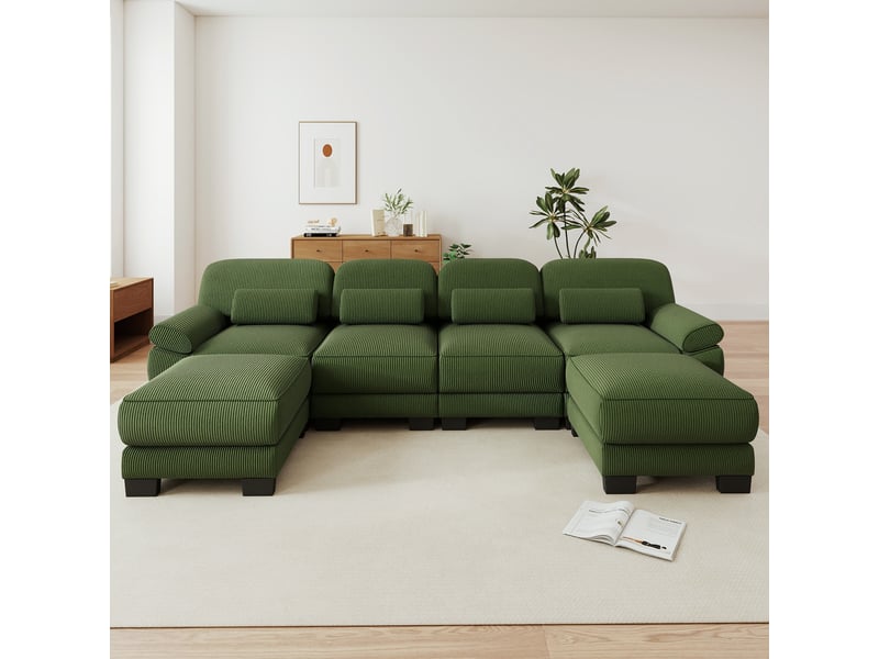  Canapé modulable en u - 4 places - 2 ottomans - velours côtelé - mobilier de salon - grand confort - assise confortable - vert CozyNest - Conforama C