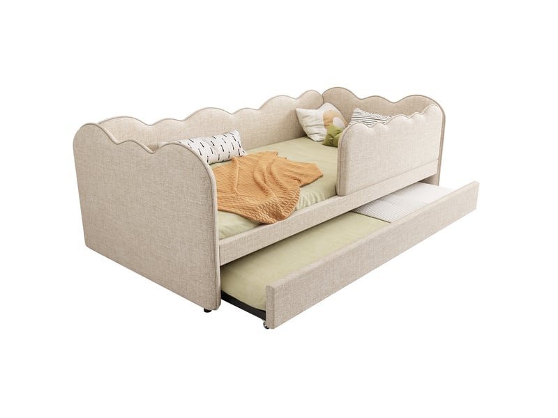  Lit enfant gigogne 90x190 cm forme de nuage unique et design en forme de l sommier lattes, lin beige, sans matelas  - Conforama A