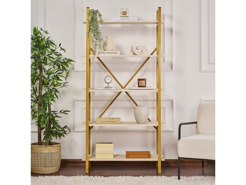 Bibliothèque 5 étagères en métal doré et bois elysian - beige - Conforama C