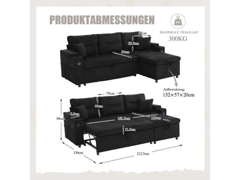 Canapé droit convertible ,3 places,avec espace de rangement, porte-gobelets et usb-c,212 x 136 x 86 cm,noir - Conforama C