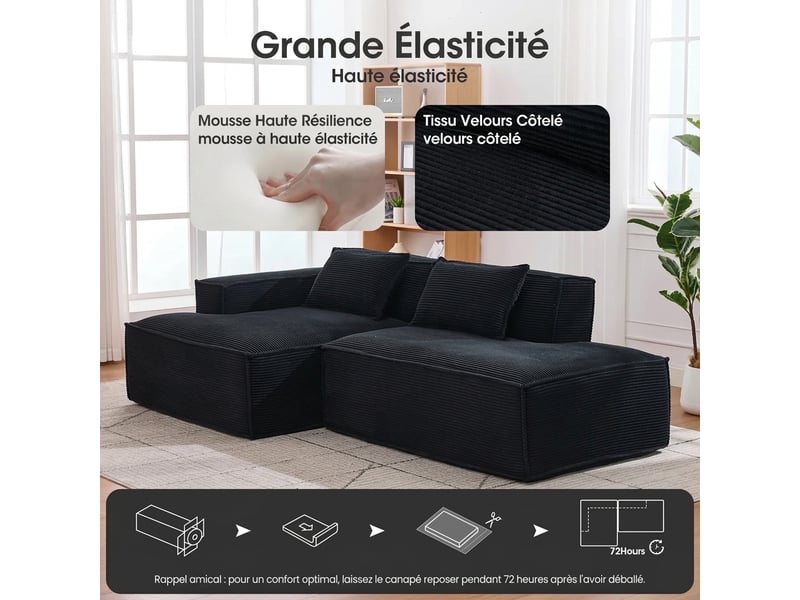  Canapé 2 places en polyester noir compact 235 cm - assise souple avec 2 coussins  - Conforama D