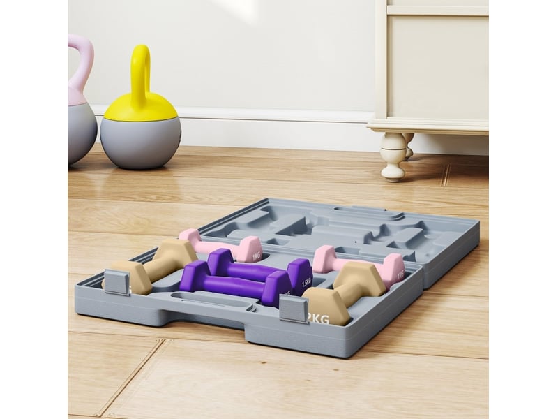 Set de 6 haltères en acier rose de 1 à 2 kg, revêtement plastique, mallette pour entraînement à domicile  - Conforama B