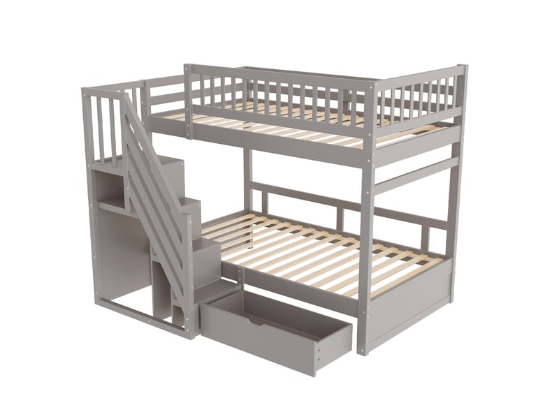 Lit superposé 90x200 cm, bois, échelle de rangement, tiroirs de rangement, gris, sans matelas  - Conforama E