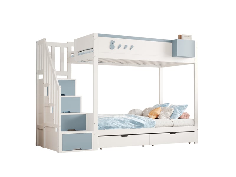 Lit superposé enfant 90x200 avec rangements blanc et bleu evryae - Conforama A