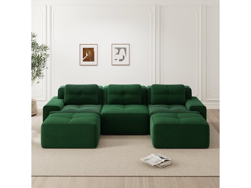  Canapé modulable en u ulevr 3 places avec ottomans, velours côtelé vert, 293 x 177 x 69 cm, sans montage  - Conforama E
