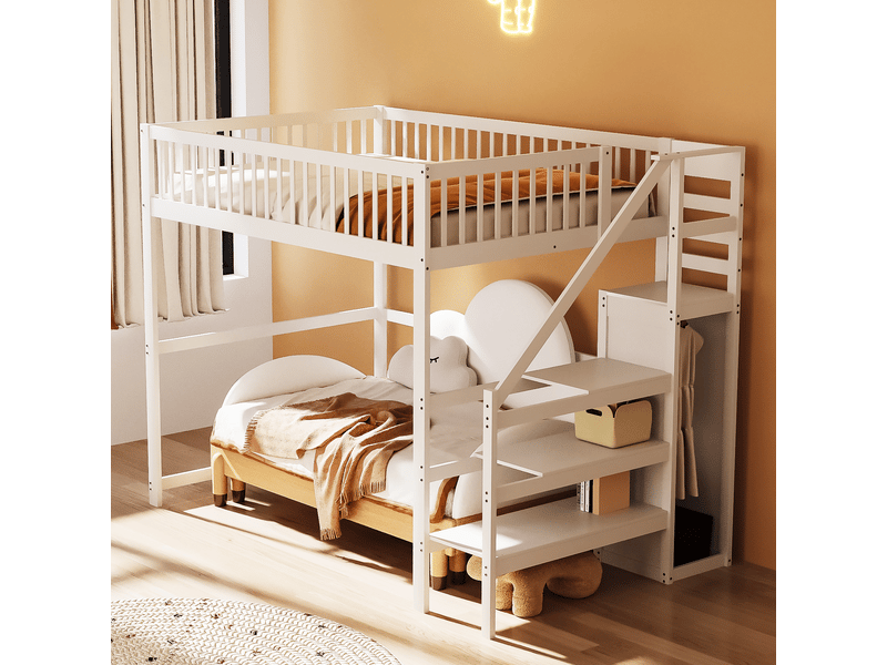  Lit mezzanine enfant 140x200 cm blanc en bois, escalier, rangement, penderie et sans matelas et structure solide  - Conforama E