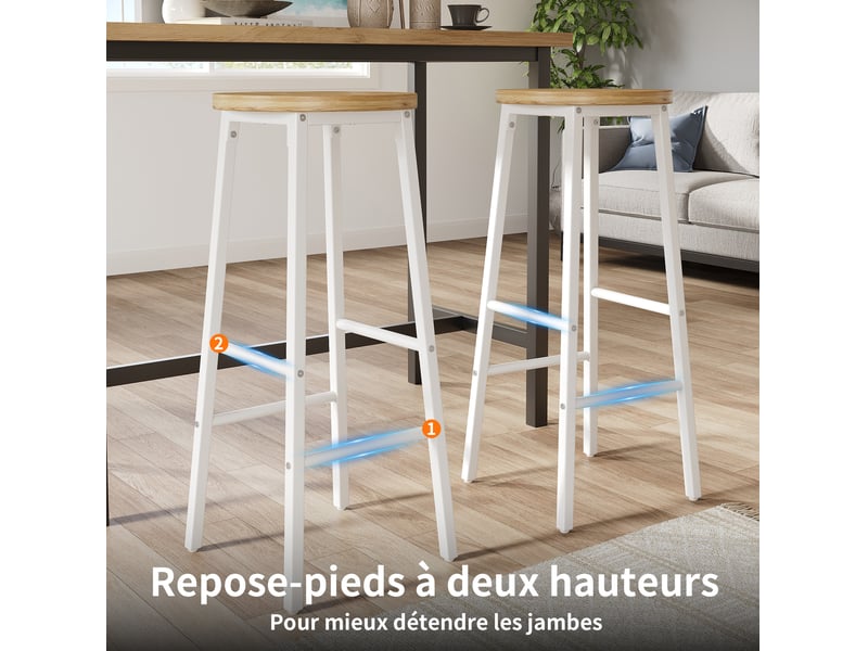  Tabourets de bar 30x30x70 cm lot de 2, double repose-pieds, design industriel, chaise haute cuisine, mdf, métal, blanc  - Conforama D