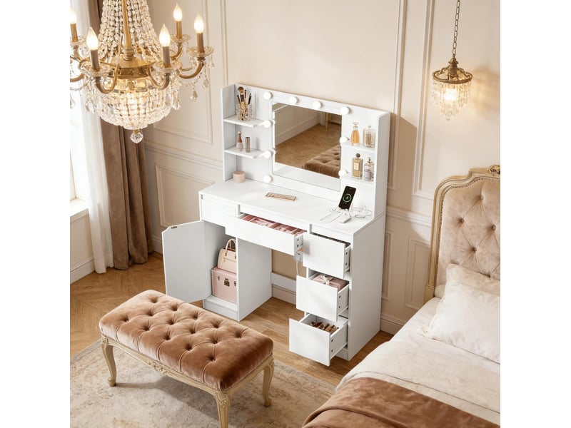 Coiffeuse tcqpz avec miroir led 110 x 40 x 140 cm rangement blanc - Conforama E