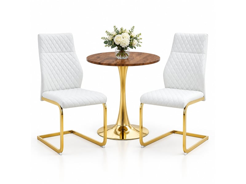  Ensemble table ronde et 2 chaises 60 cm en mdf bois foncé, blanc et doré, pour un coin repas élégant  - Conforama A