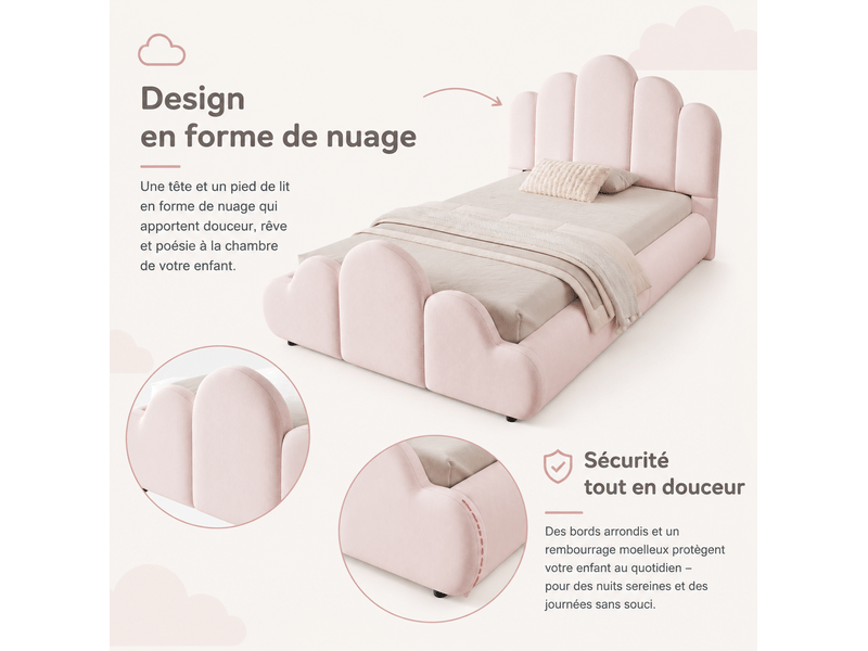  Lit enfant 90 × 200 cm 1 place avec tête de lit rembourrée et angles arrondis, sans matelas, en velours rose  - Conforama E