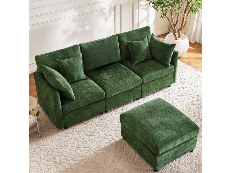  Canapé d'angle modulable convertible en 3 places avec pouf mobile et 4 coussins en chenille vert  - Conforama D