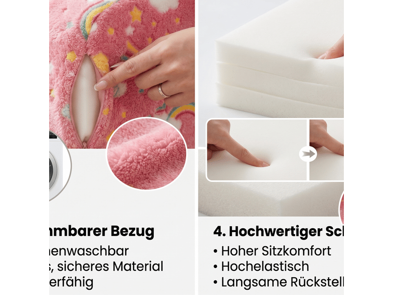  Fauteuil enfant avec accoudoirs, poches latérales et housse amovible lavable, en tissu et éponge rose  - Conforama E