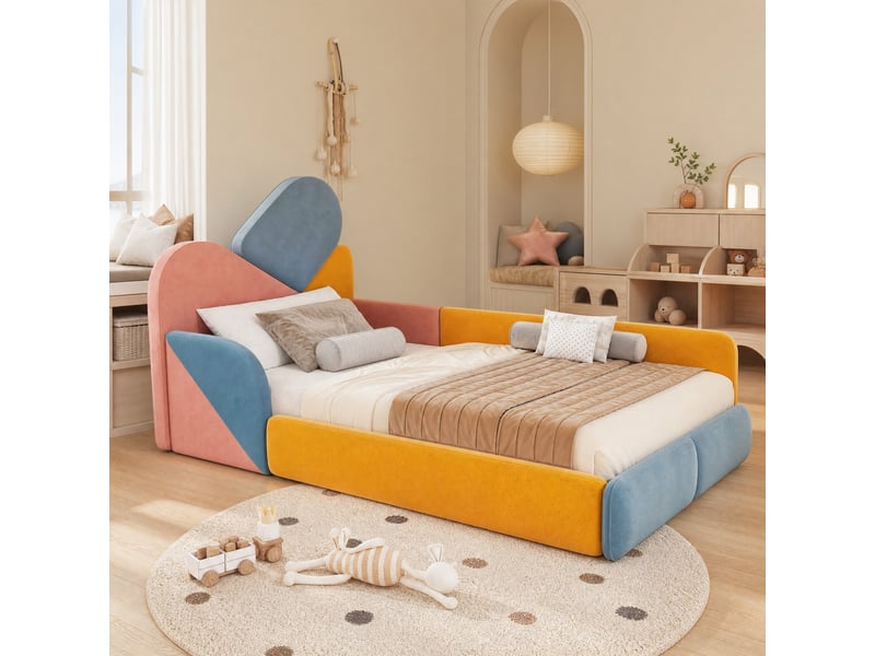  Lit enfant 90 x 200 cm en velours bleu, rose et orange avec côtés surélevés  - Conforama B