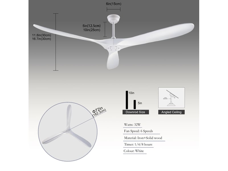 Ventilateur de plafond 176 x 176 cm blanc métal et bois, 3 pales réversibles, télécommande sans éclairage - Conforama C