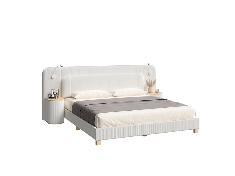  Lit double 140 x 200 cm avec 2 chevets intégrés et éclairage led, lit rembourré en velours côtelé beige avec tête de lit épaisse et rangements  - Conforama A