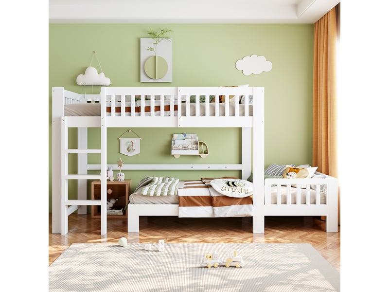  Lit superposé enfant 90x200 cm - lit superposé en bois séparable - 2 lits modulables avec barrières de sécurité - blanc  - Conforama R