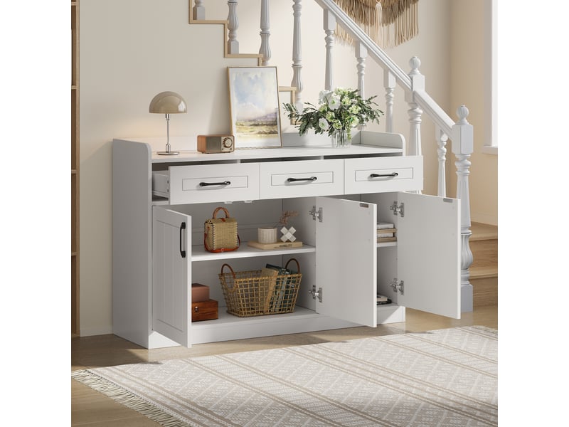  Buffet de salon blanc 120 cm meuble de rangement 3 portes 3 tiroirs  - Conforama R