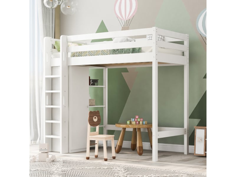  Lit mezzanine avec escalier 90x200 blanc avec armoire et 6 étagères, cadre de haute qualité  - Conforama D